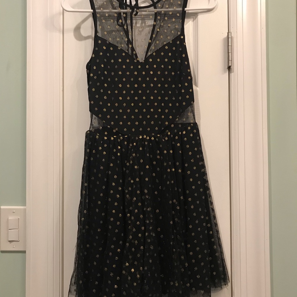 Express Fit and Flare Gold Polka Dot Dress